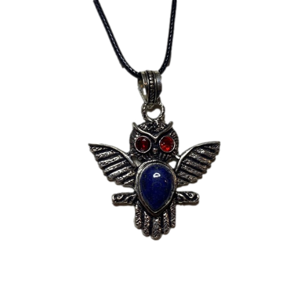 925 SS Plated Lapis and Garnet OWL necklace - Picture 1 of 3
